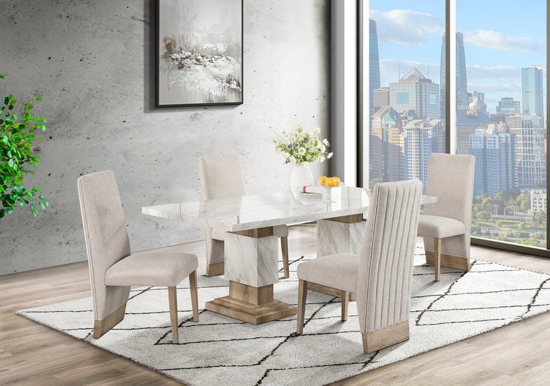 Vega 5pc Dining Set with Table & 4 Chairs, Marble Look, Pedestal Base, 82\"W - Natural & White