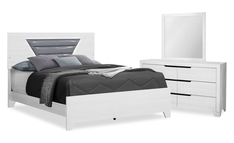 Elite 5pc Bedroom Set with Bed, Dresser & Mirror, LED, Modern, White - Queen Size