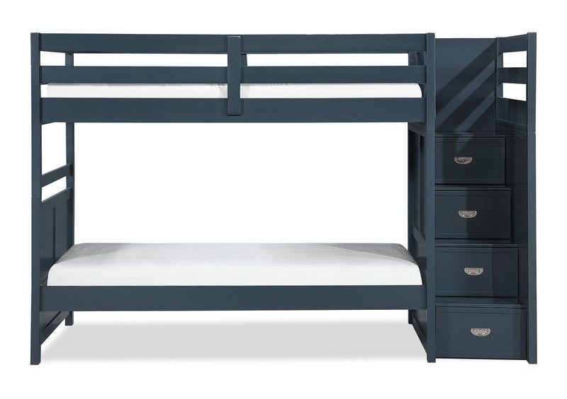 Quinn Bunk Bed with Built-in Staircase Dresser & Guard Rail for Kids, Blue - Twin/Twin