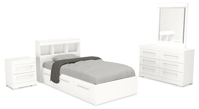 Riley Mates Bed 6pc Set with Bookcase Headboard, Dresser, Mirror & Nightstand, White - Twin Size | Ensemble lit matelot Riley 6 pièces avec tête de lit bibliothèque, commode, miroir et table de nuit, blanc - format lit simple
