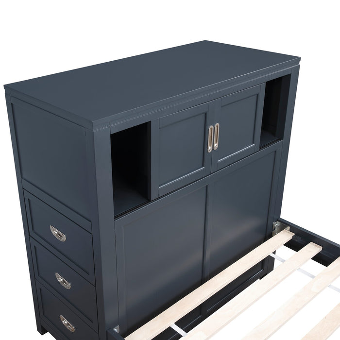 Quinn Platform Bed with Bookcase Headboard, Built-in Desk & Stool, Blue - Full Size
