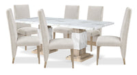 Vega 7pc Dining Set with Table & 6 Chairs, Marble Look, Pedestal Base, 82