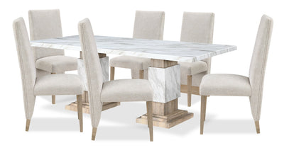 Vega 7pc Dining Set with Table & 6 Chairs, Marble Look, Pedestal Base, 82"W - Natural & White | Ensemble de salle à manger Vega 7 pièces avec table de 82 po (L), imitation de marbre, base piédestal et 6 chaises - naturel et blanc
