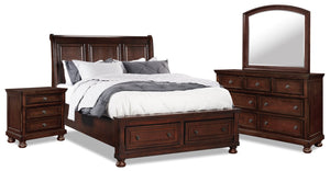 Chelsea 6pc Bedroom Set with Storage Bed, Dresser, Mirror & Nightstand, Cherry Brown - King Size