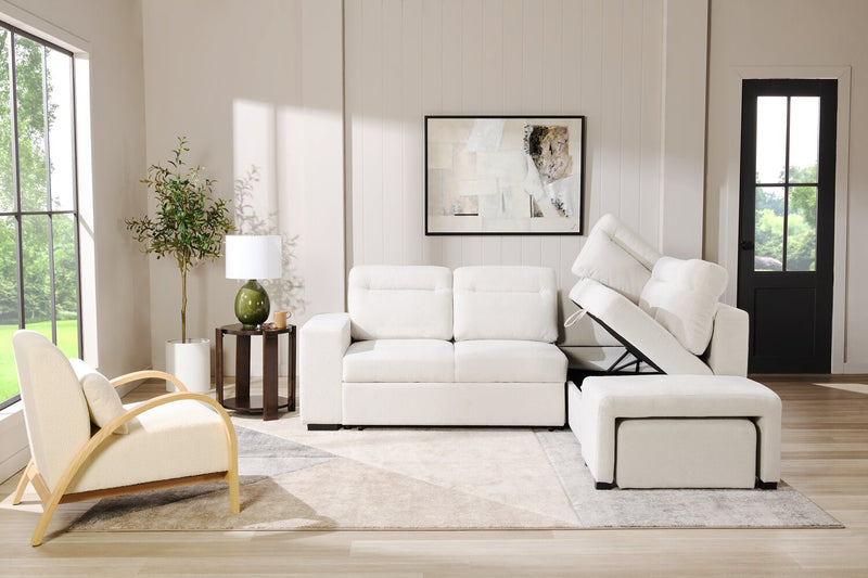 Primo Coast 3-Piece Right-Facing Ivory White Fabric Sleeper Sectional with Storage Chaise and Storage Armrest