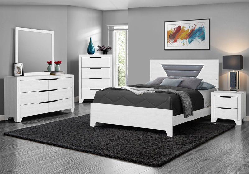 Elite Panel Bed with Headboard & Frame, LED, Modern, White - Queen Size
