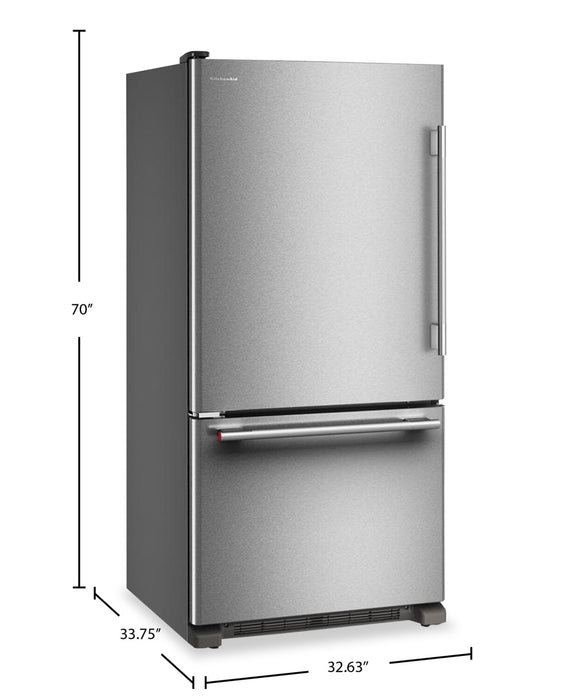 KitchenAid 33\" 22 Cu. Ft. Standard-Depth Bottom Mount Refrigerator - KRBL133SPS