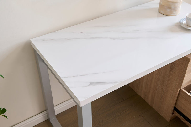 Oscar 47\" Reversible Office Desk with Storage – Faux White Marble and Weathered White