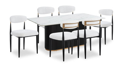Kort & Co. Capri 7pc Dining Set with Table & 6 Chairs, Gold Accent, Pedestal Base, 72"W - White | Ensemble de salle à manger Capri de Kort & Co. 7 pièces avec table de 72 po (L), touches dorées, base piédestal et 6 chaises - blanc