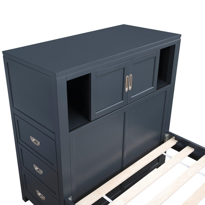 Quinn Platform Bed with Bookcase Headboard, Built-in Desk & Stool, Blue - Twin Size