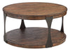 Albany 36” Industrial Round Pine Coffee Table with Shelf and Casters - Bourbon