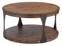 Albany 36” Industrial Round Pine Coffee Table with Shelf and Casters - Bourbon 