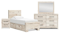 Derekson 6pc Bedroom Set with Side Storage Bed, Dresser, Mirror & Nightstand, Rustic White - Twin Size 