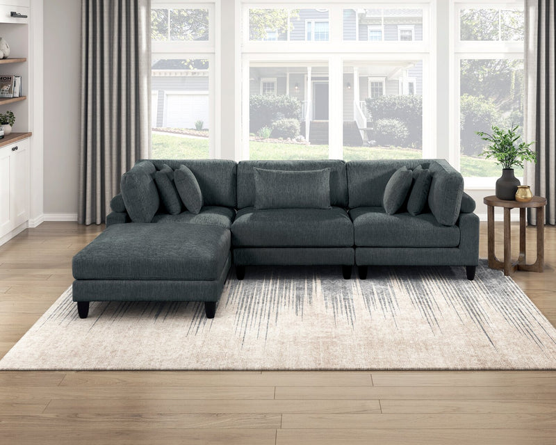 Lounge 4-Piece Chenille Modular Sectional with Ottoman – Grey 