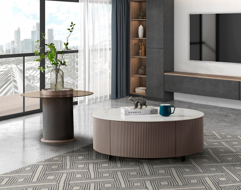 Circa 31.5\" Modern Round Coffee Table with White Sintered Stone Top, Storage and Casters - Grey-Taupe
