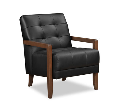 Enzo 26" Genuine Leather Accent Chair with Biscuit Tufting, Track Arms and Wood Legs - Black | Fauteuil d’appoint Enzo de 26 po en cuir véritable avec capitonnage en biscuit, accoudoirs rectilignes et pattes en bois - noir