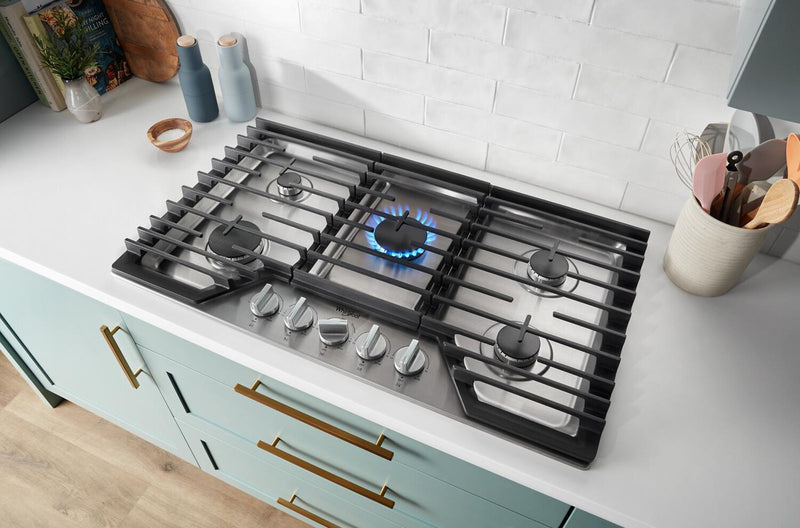 Whirlpool 36\" Gas Cooktop with 2-in-1 Hinged Grate to Griddle - WCGK7536PS