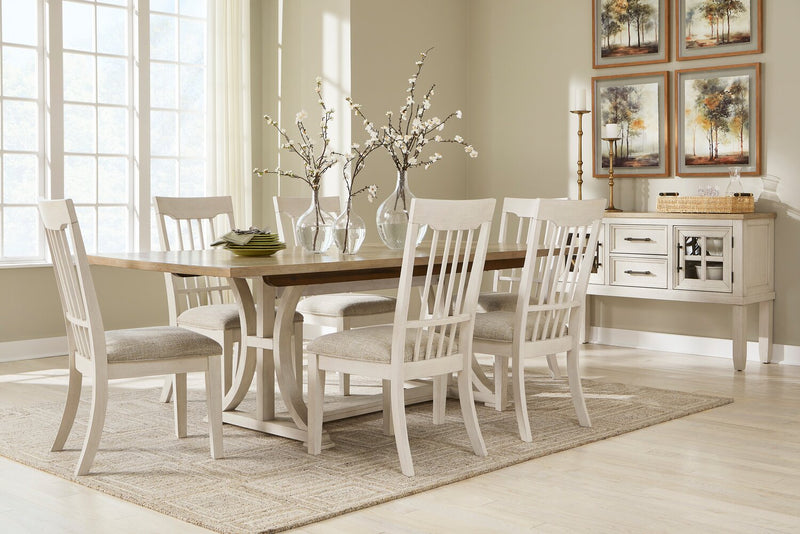 Quill 7pc Dining Set with Table & 6 Chairs, Trestle Base, 72-90\"W - Antique White & Brown