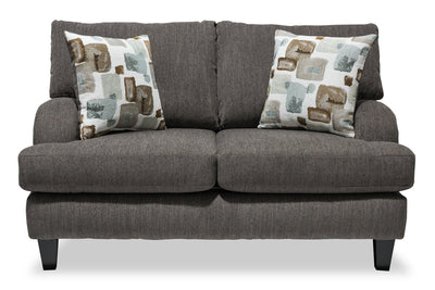 Made in Canada Nofia 58" Chenille Fabric Loveseat with Two Accent Pillows and Wood Legs - Charcoal Grey | Causeuse Nofia de 58 po fabriquée au Canada en tissu de chenille avec 2 coussins décoratifs et pattes en bois - gris anthracite