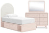 Lola 5pc Bedroom Set with Storage Bed, Dresser & Mirror, Boucle Fabric & Blush - Twin Size