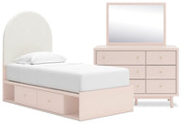 Lola 5pc Bedroom Set with Storage Bed, Dresser & Mirror, Boucle Fabric & Blush - Twin Size 