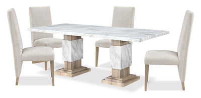 Vega 5pc Dining Set with Table & 4 Chairs, Marble Look, Pedestal Base, 82"W - Natural & White | Ensemble de salle à manger Vega 5 pièces avec table de 82 po (L), imitation de marbre, base piédestal et 4 chaises - naturel et blanc