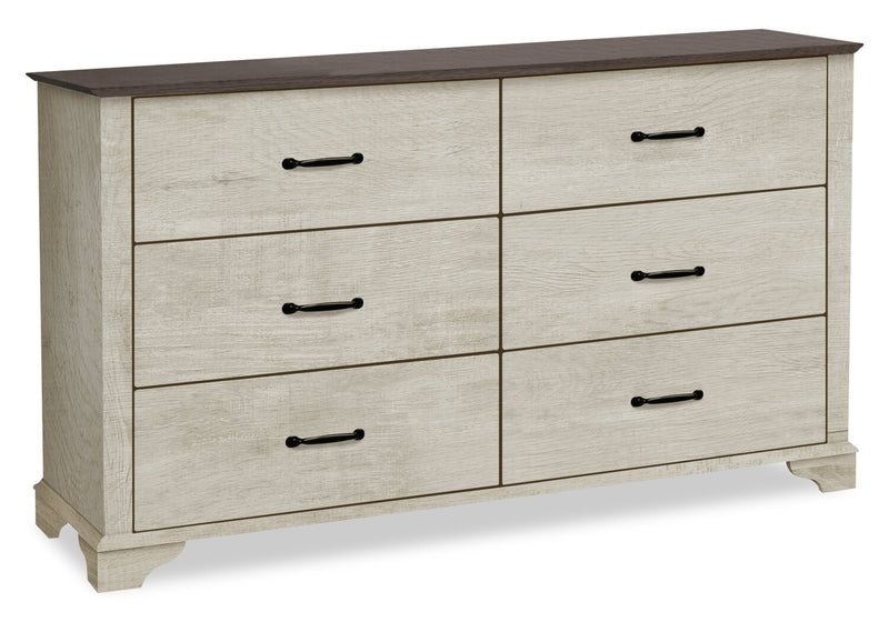 Clara Bedroom 6-Drawer Dresser, 59\"W x 34\"H - Bleached Oak & Brown