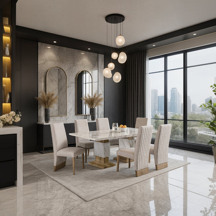 Vega Dining Table, Marble Look, Pedestal Base, 82\"W - Natural & White