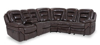 Leo 6-Piece Genuine Leather Power Reclining Sectional with Storage Console and Dual Cupholders - Walnut Brown 