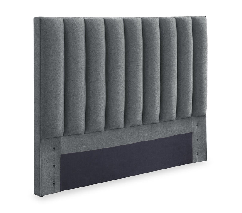 Amos Upholstered Storage Bed in Charcoal Fabric with Channelled Headboard & 3 Built-in Drawers - Full Size