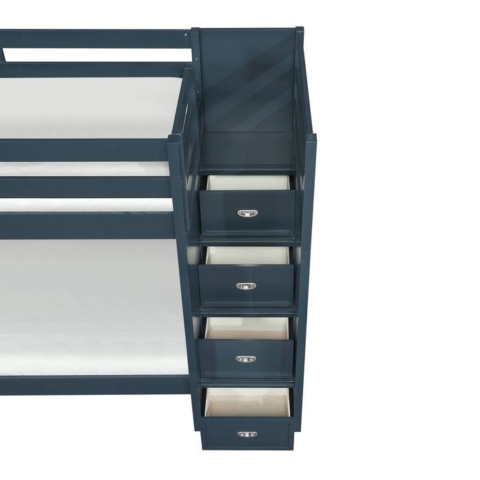 Quinn Bunk Bed with Built-in Staircase Dresser & Guard Rail for Kids, Blue - Twin/Twin