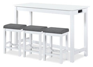 Noah 60” Modern Dinette with 3 Counter-Height Stools and USB Ports - White