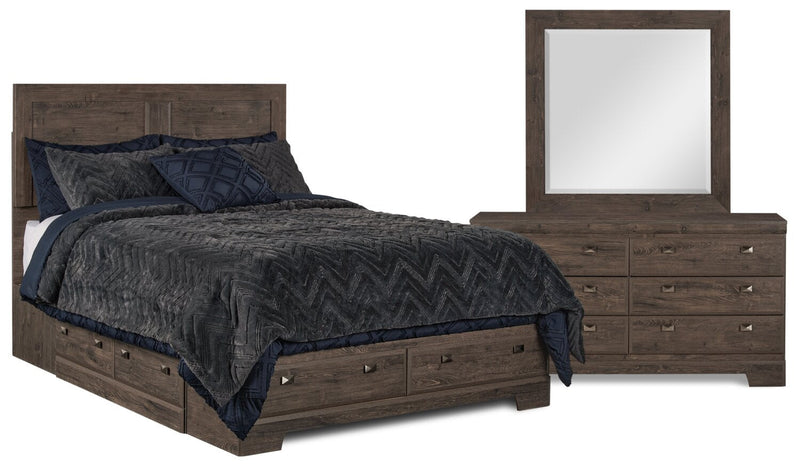 Yorkdale 5pc Bedroom Set with 6-Drawer Storage Bed, Dresser & Mirror, Grey - Queen Size