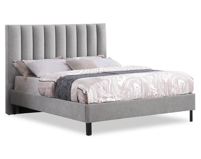 Amos Upholstered Platform Bed in Grey Fabric with Channelled Headboard - Full Size | Lit plateforme Amos rembourré en tissu gris avec tête de lit à canaux - format lit double