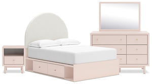 Lola 6pc Bedroom Set with Storage Bed, Dresser, Mirror & Nightstand, Boucle Fabric & Blush - Full Size