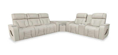 Zen 3-Piece Leather-Look Fabric Power Reclining Sectional with Massage, Drop-Down Console and Refrigerator - Apricot | Sofa sectionnel à inclinaison électrique Zen 3 pièces en similicuir avec massage, console rabattable et compartiment réfrigéré - abricot