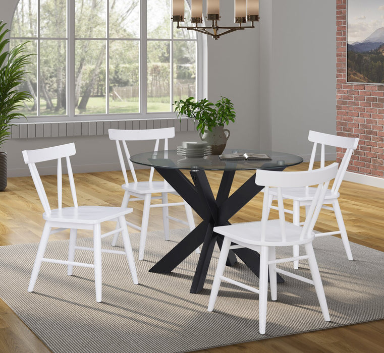 Remi 5pc Dining Set with Table & 4 Slat-Back Chairs, Glass & Wood, 42\"W Round- Black & White