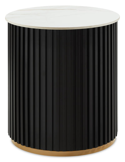 Kort & Co. Capri 20” Modern Round End Table with White Sintered Stone Top - Black and Gold | Table de bout ronde moderne Capri de Kort & Co. de 20 po avec dessus en pierre frittée blanche - noire et dorée