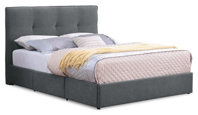 Amos Upholstered Storage Bed in Charcoal Fabric with Tufted Headboard & 3 Built-in Drawers - Queen Size | Lit de rangement Amos rembourré en tissu anthracite avec tête de lit capitonnée et 3 tiroirs intégrés - format grand lit