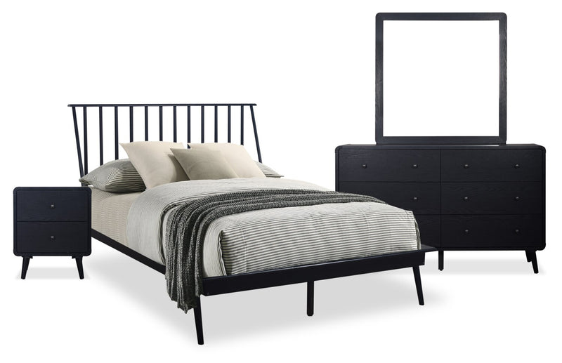 Milan 6pc Bedroom Set with Bed, Dresser, Mirror & Nightstand, Mid-Century Modern, Black - Full Size