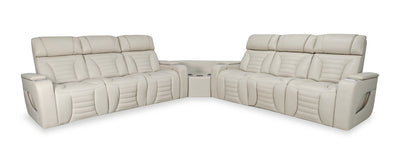 Zen 3-Piece Leather-Look Fabric Power Reclining Sectional with Massage and Two Drop-Down Consoles - Apricot | Sofa sectionnel à inclinaison électrique Zen 3 pièces en tissu d’apparence cuir avec massage et 2 consoles rabattables - abricot