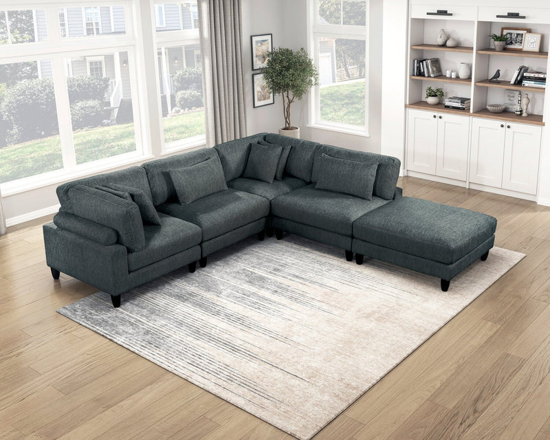 Lounge 5-Piece Chenille Modular Sectional with Ottoman– Grey