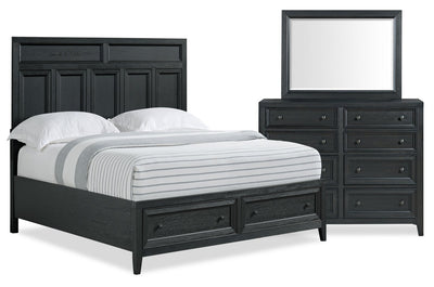 Casa 5pc Bedroom Set with Bed, Dresser & Mirror, Wood, Black - Queen Size | Ensemble de chambre à coucher Casa 5 pièces en bois avec lit, commode et miroir, noir - format grand lit