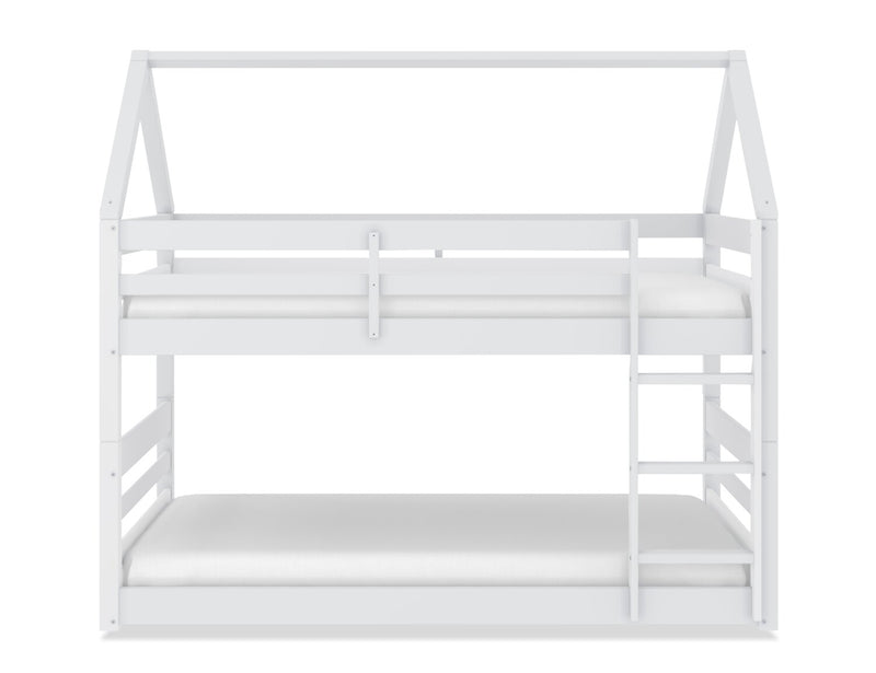 Gemma Twin Over Twin House Bunk Bed with Roof, Built-in Ladder & Guardrails for Kids - White