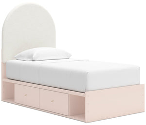 Lola Storage Bed with 2 Built-In Side Drawers for Kids, White Boucle Fabric & Blush - Twin Size