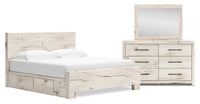 Derekson 5pc Bedroom Set with Side Storage Bed, Dresser & Mirror, Rustic White - King Size 