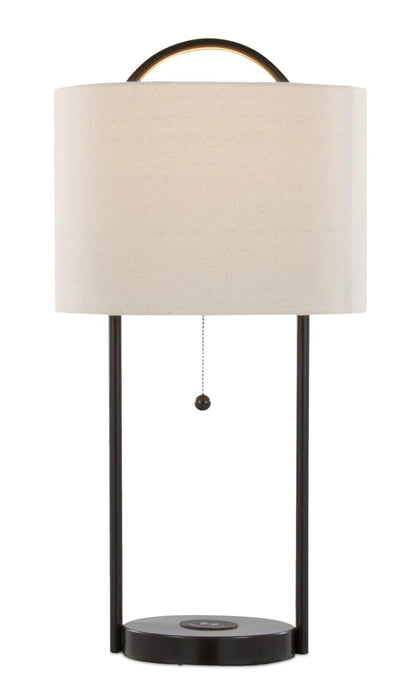 Orbit 28\" Metal Table Lamp with Wireless Charging and Natural Linen Shade – Oil Bronze