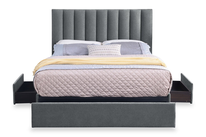 Amos Upholstered Storage Bed in Charcoal Fabric with Channelled Headboard & 3 Built-in Drawers - Full Size