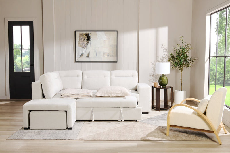 Primo Coast 3-Piece Left-Facing Ivory White Fabric Sleeper Sectional with Storage Chaise and Storage Armrest
