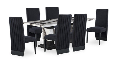 Vega 7pc Dining Set with Table & 6 Chairs, Marble Look, Pedestal Base, 82"W - Black & White | Ensemble de salle à manger Vega 7 pièces avec table de 82 po (L), imitation de marbre, base piédestal et 6 chaises - noir et blanc